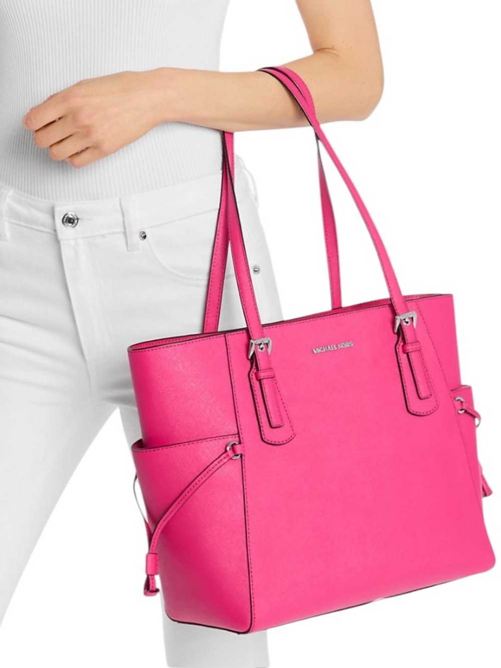 Voyager Large Saffiano Leather Tote Bag. Color: Dragonfruit - Picture 3 of 3